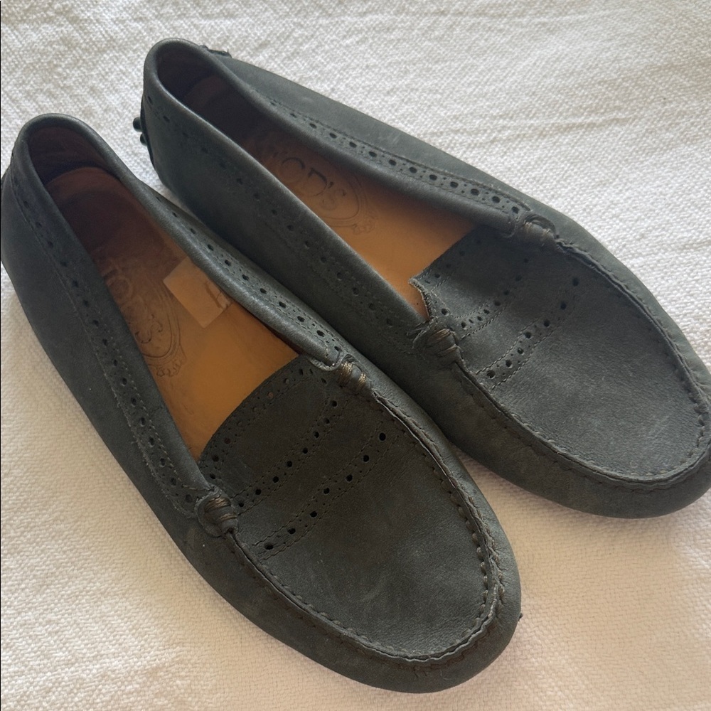 Tods Dark Gray Suede Penny Loafers Size 8